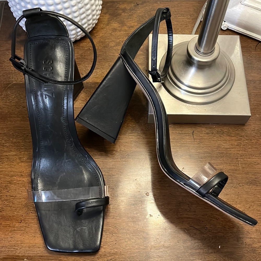 NEW Schutz leather strapy high end heels clear toes strap sexy size 8.5 black - Picture 1 of 5